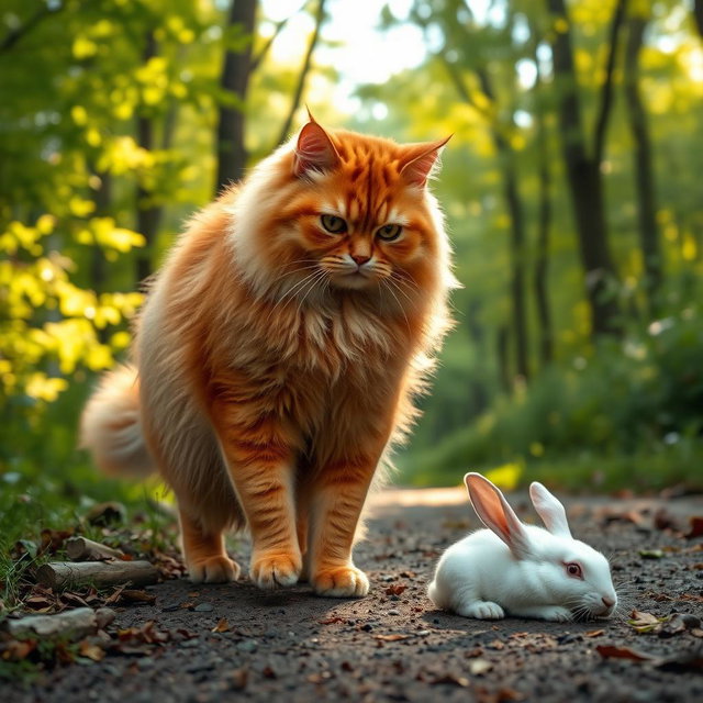 A fluffy, chubby orange cat with a round, gentle face and a big belly standing on its hind legs, walking along a forest path