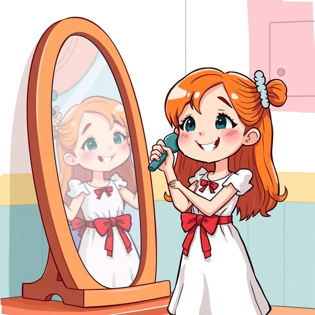 A cute cartoon style illustration of a 10-year-old girl with bright orange hair, wearing a white dress adorned with a red ribbon at her waist, happily brushing her hair in front of a mirror