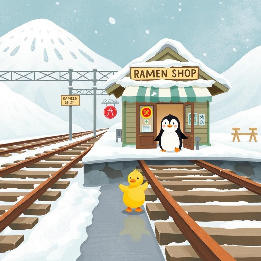 Next to the railroad tracks, at a snowy mountain train station, there is a cozy ramen shop