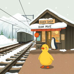 Next to the railroad tracks, at a snowy mountain train station, there is a cozy ramen shop