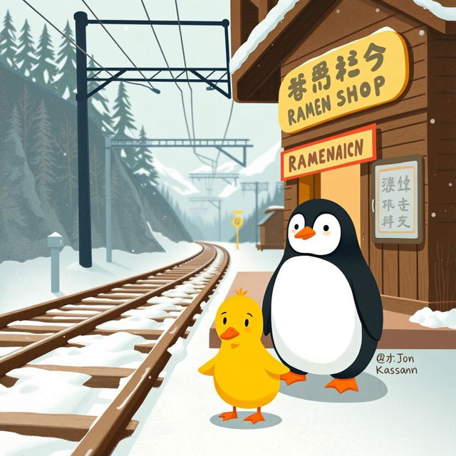 Next to the railroad tracks, at a snowy mountain train station, there is a cozy ramen shop
