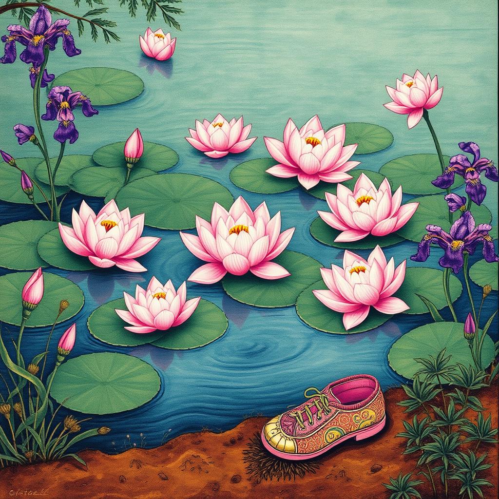 A captivating Kalamkari print depicting a serene pond adorned with light pink lotuses and iris-colored water lilies