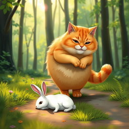 A fluffy, chubby orange cat with a round, kind face and a big belly, standing on its hind legs, walking along a forest path