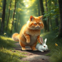 A fluffy, chubby orange cat with a round, kind face and a big belly, standing on its hind legs, walking along a forest path