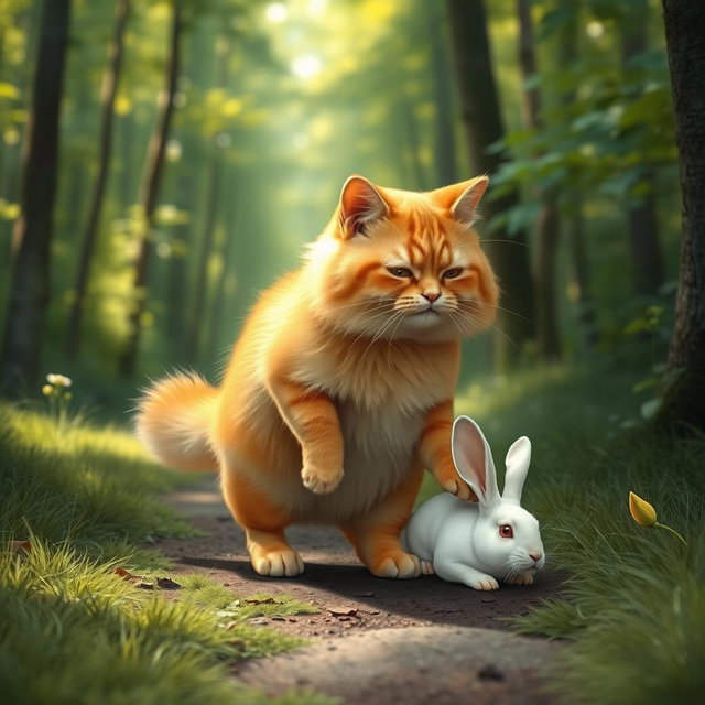 A fluffy, chubby orange cat with a round, kind face and a big belly, standing on its hind legs, walking along a forest path