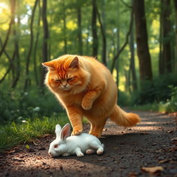 A fluffy, chubby orange cat with a round, kind face and a big belly, standing on its hind legs, walking along a forest path
