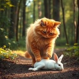 A fluffy, chubby orange cat with a round, kind face and a big belly, standing on its hind legs, walking along a forest path