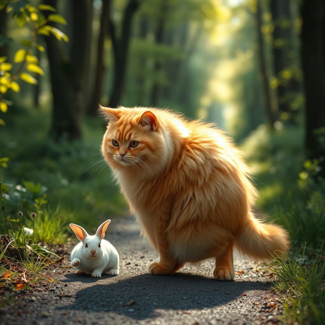 A fluffy, chubby orange cat with a round, kind face and a big belly standing on its hind legs, walking along a forest path