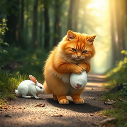 A fluffy, chubby orange cat with a round, kind face and a big belly standing on its hind legs, walking along a forest path