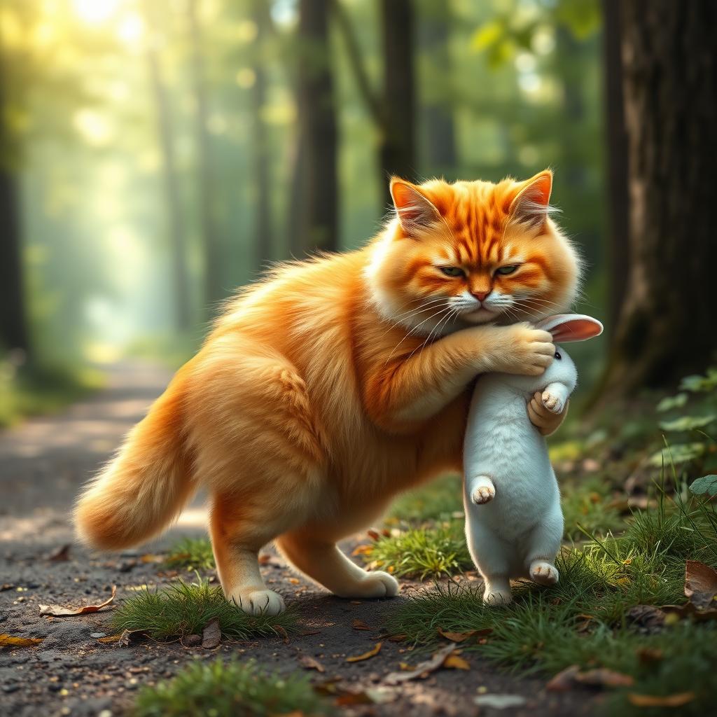 A fluffy, chubby orange cat with a round, kind face and a big belly standing on its hind legs, walking along a forest path