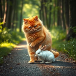 A fluffy, chubby orange cat with a round, kind face and a big belly standing on its hind legs, walking along a forest path