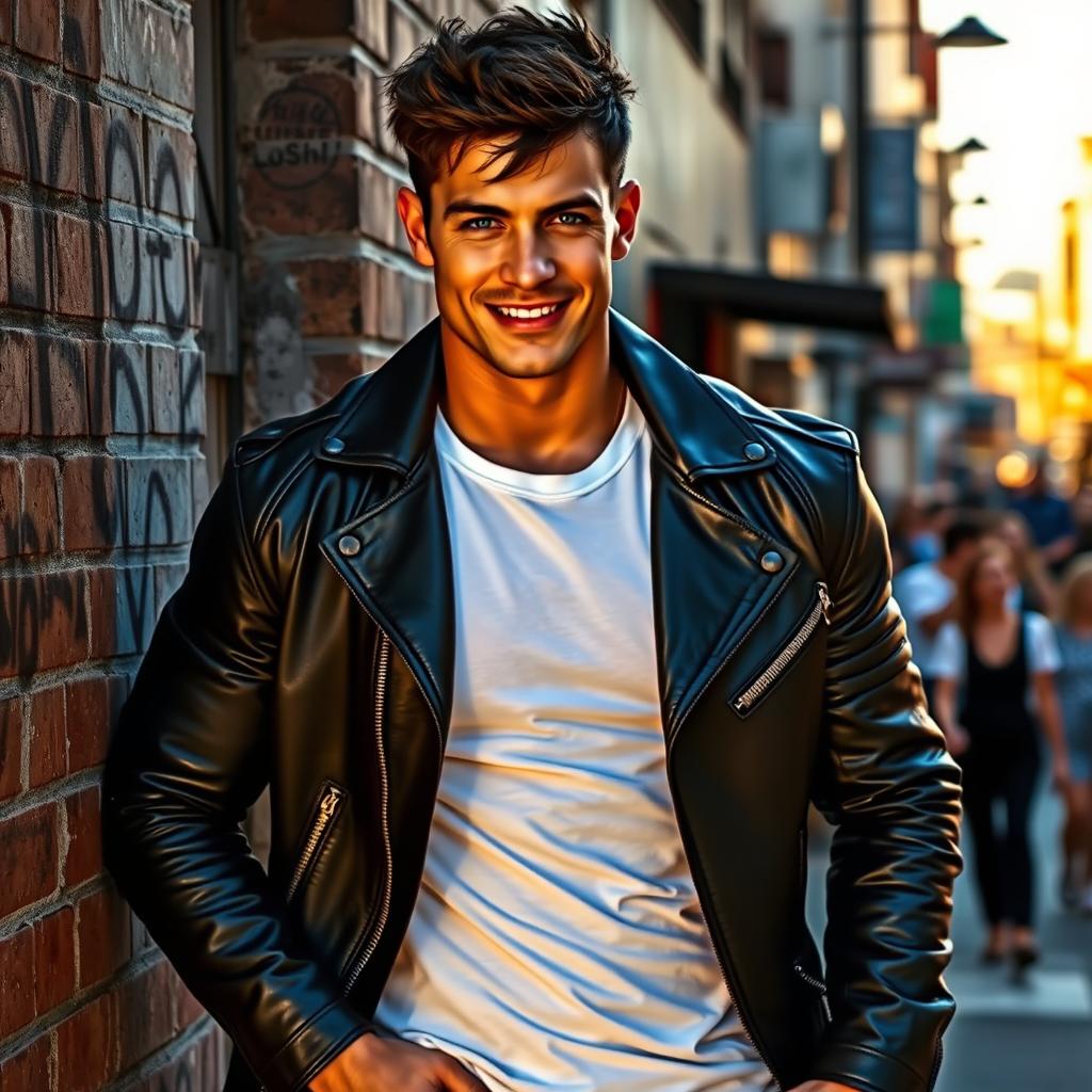 A towering, muscular young man with a chiseled jawline, wearing a stylish black leather jacket and a fitted white shirt