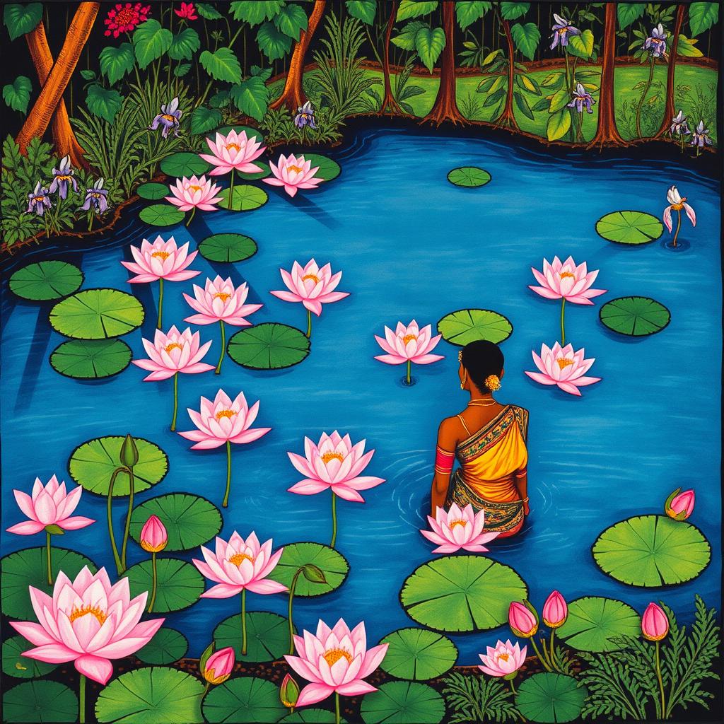 A vibrant Kalamkari print depicting a serene pond adorned with light pink lotuses and iris-colored water lilies, with a brown woman sitting at the banks of the river