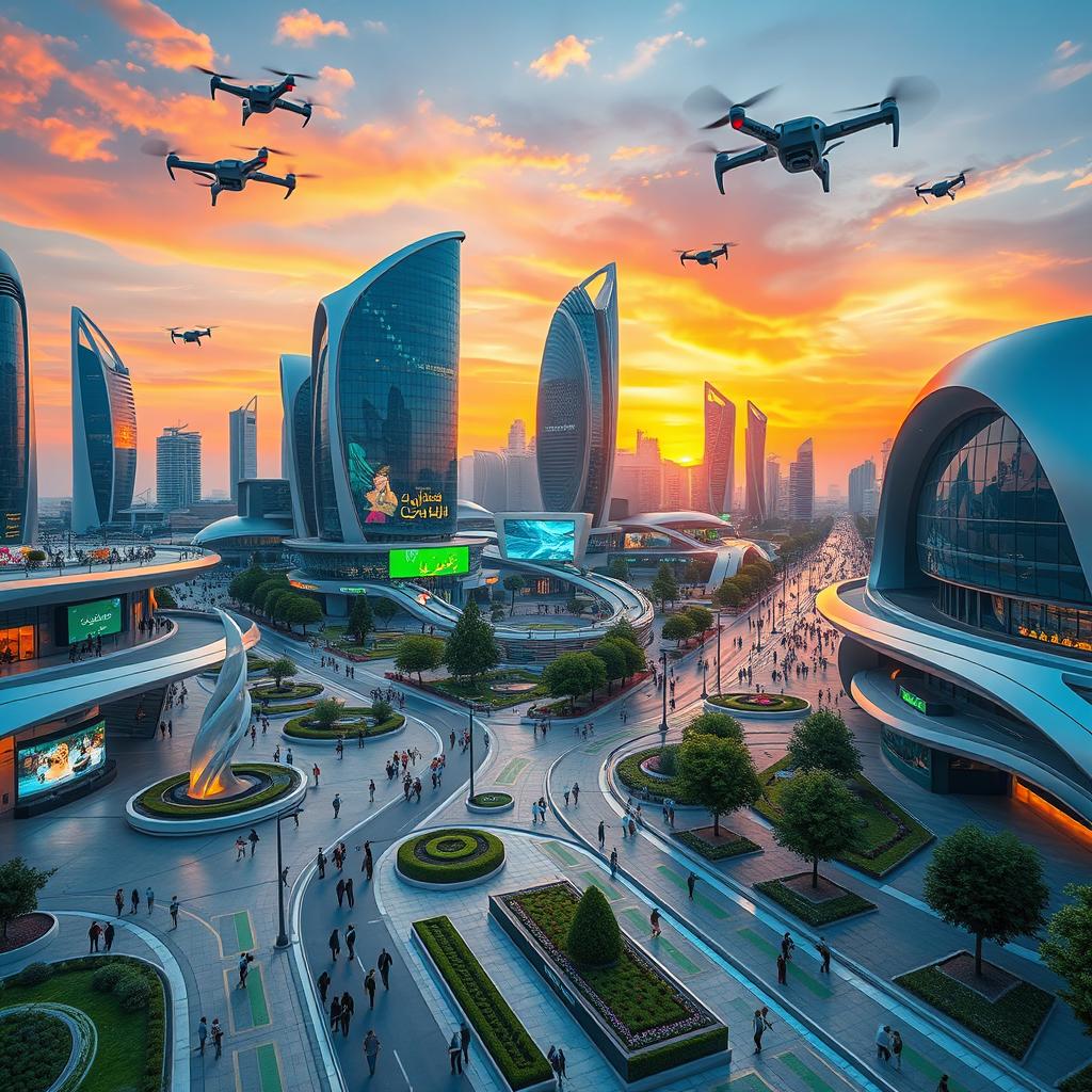 A futuristic cityscape of Zahedan, Iran, showcasing advanced architecture blending with traditional designs