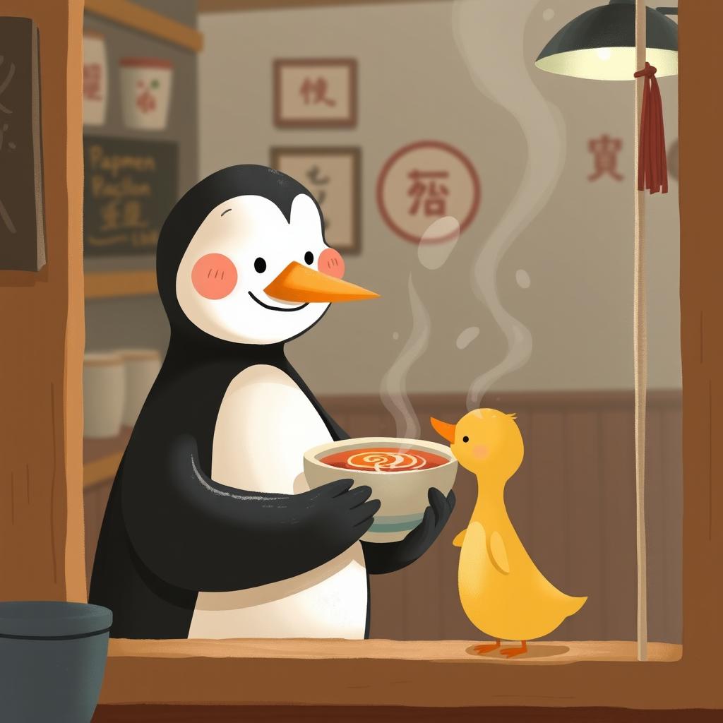 Inside a cozy ramen shop, a smiling penguin is holding a bowl of soup and offering it to a cute little yellow duck
