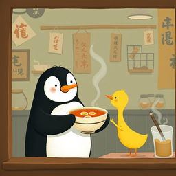 Inside a cozy ramen shop, a smiling penguin is holding a bowl of soup and offering it to a cute little yellow duck