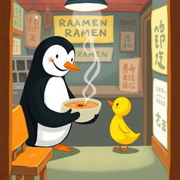 Inside a cozy ramen shop, a smiling penguin is holding a bowl of soup and offering it to a cute little yellow duck