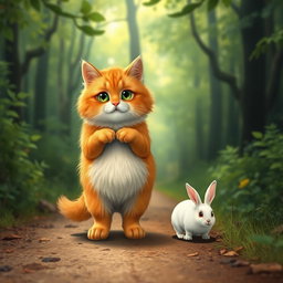 A fluffy orange cat with green eyes, a round, kind face, and a big belly, standing on its hind legs as it walks along a forest path