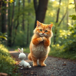 A fluffy orange cat with green eyes, a round, kind face, and a big belly, standing on its hind legs as it walks along a forest path