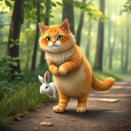 A fluffy orange cat with green eyes, a round, kind face, and a big belly, standing on its hind legs as it walks along a forest path