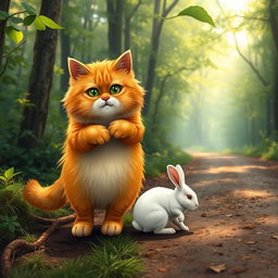 A fluffy orange cat with green eyes, a round, kind face, and a big belly, standing on its hind legs as it walks along a forest path