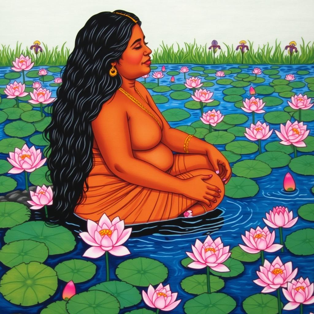 A vibrant Kalamkari print depicting a tranquil pond filled with light pink lotuses and iris-colored water lilies