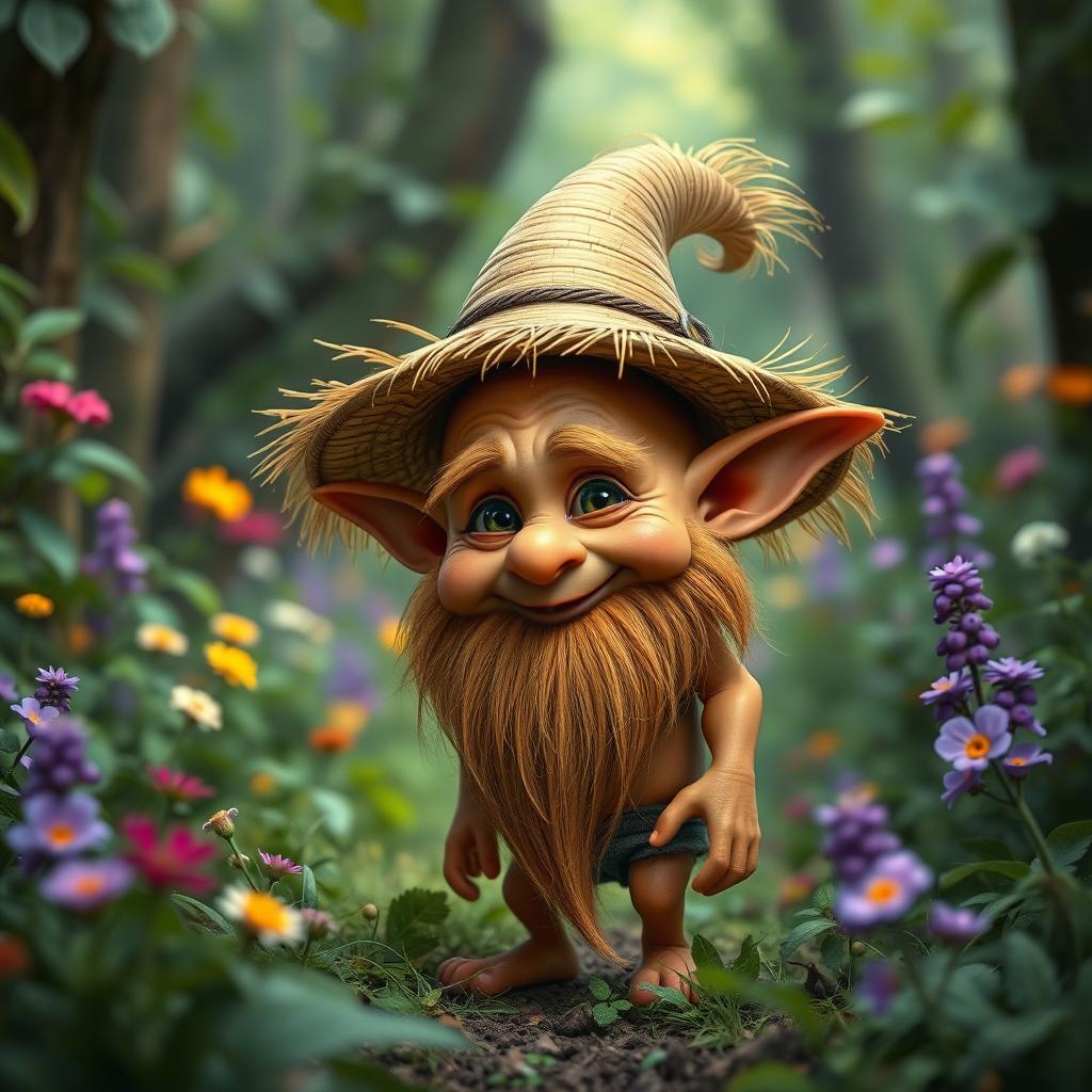 A small, brown-skinned goblin with a large head, wearing a straw hat
