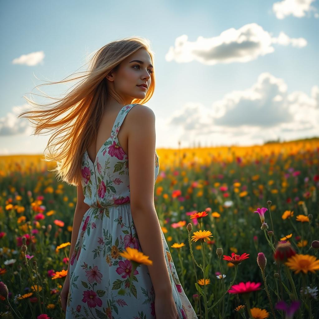 A young woman with flowing long hair, wearing a stylish summer dress adorned with floral patterns, standing in a sunlit meadow filled with vibrant wildflowers