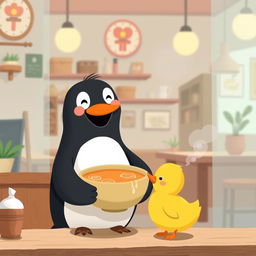 Inside a charming ramen shop, a smiling penguin is joyfully holding a bowl of warm soup and offering it to a cute little yellow duck