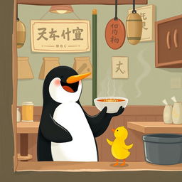 Inside a charming ramen shop, a smiling penguin is joyfully holding a bowl of warm soup and offering it to a cute little yellow duck