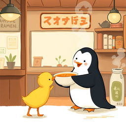 Inside a charming ramen shop, a smiling penguin is joyfully holding a bowl of warm soup and offering it to a cute little yellow duck