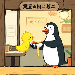 Inside a charming ramen shop, a smiling penguin is joyfully holding a bowl of warm soup and offering it to a cute little yellow duck