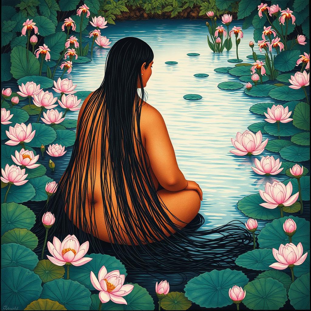 A beautiful Kalamkari print showcasing a tranquil pond filled with light pink lotuses and iris-colored water lilies