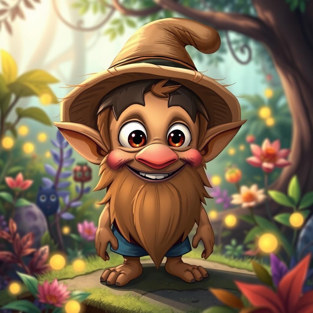 A small, brown-skinned goblin with a big head, wearing a straw hat and a long beard, depicted in a cartoon style