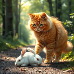 A fluffy orange cat with green eyes, a round, kind face, and a big belly standing on its hind legs, walking along a forest path