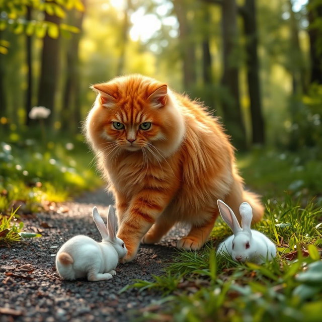 A fluffy orange cat with green eyes, a round, kind face, and a big belly standing on its hind legs, walking along a forest path