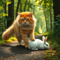 A fluffy orange cat with green eyes, a round, kind face, and a big belly standing on its hind legs, walking along a forest path