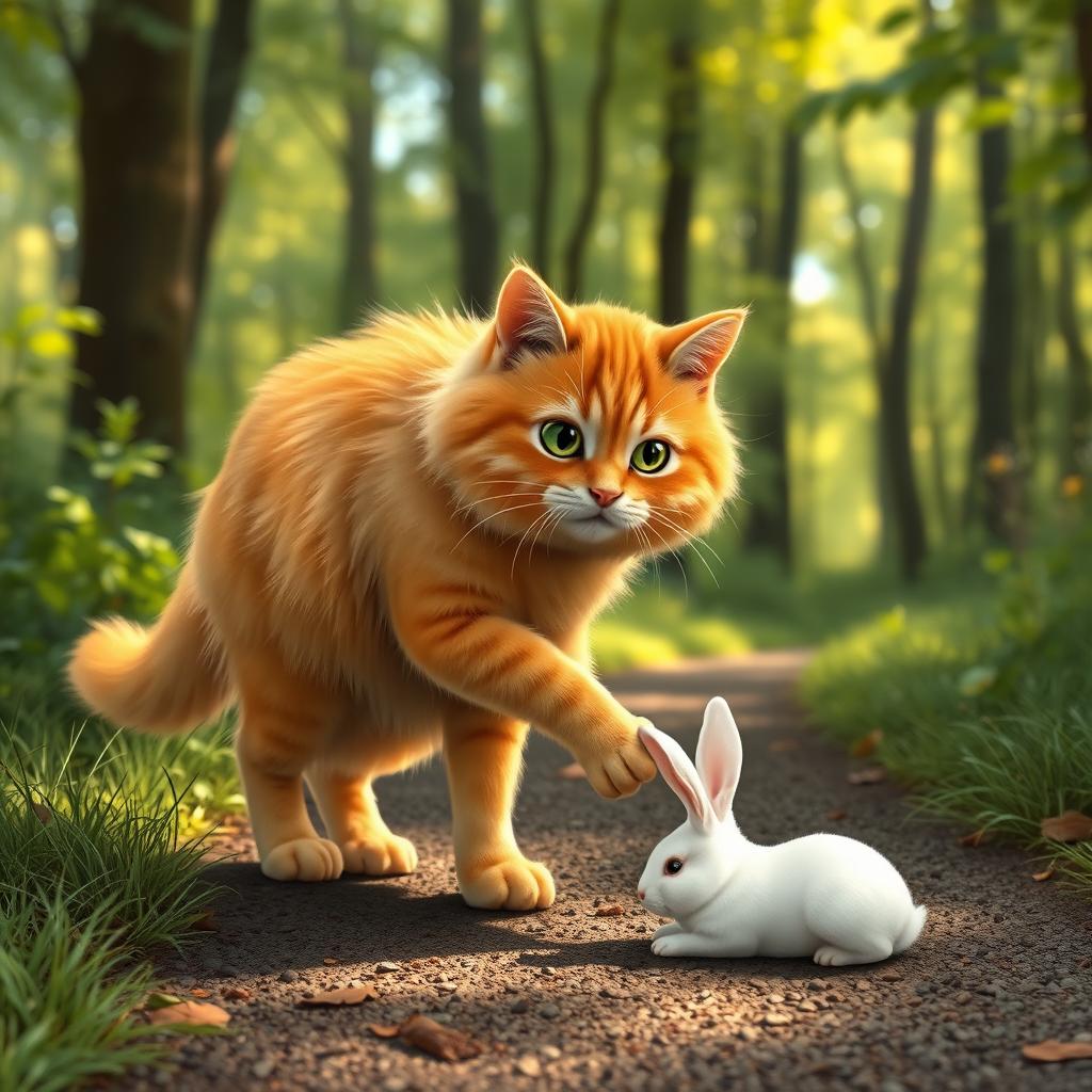 A fluffy orange cat with green eyes, a round, kind face, and a big belly standing on its hind legs, walking along a forest path