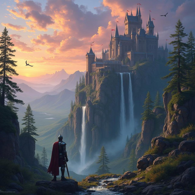 An epic fantasy landscape depicting a majestic castle atop a rugged cliff, surrounded by mystical forests and cascading waterfalls