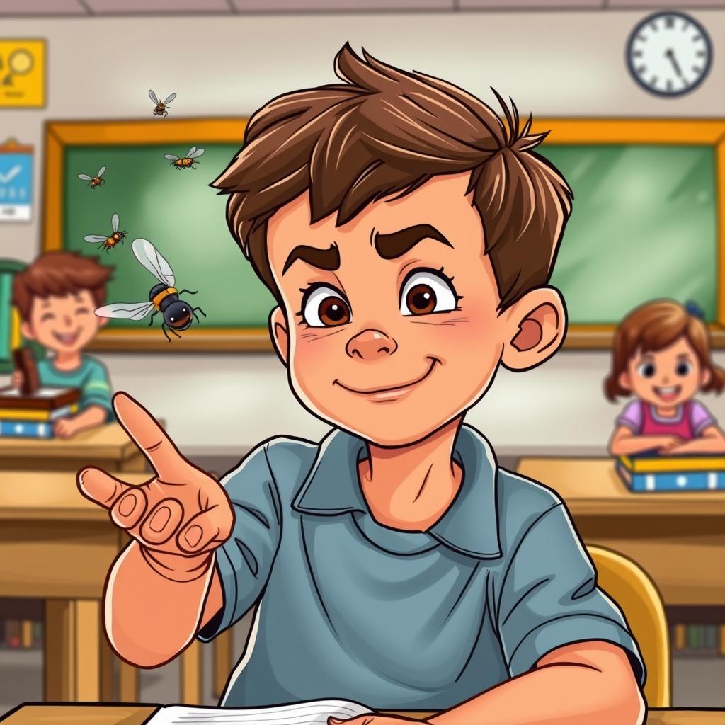 A young boy with light tan skin, sitting in a classroom and playfully trying to catch flies with his hand, depicted in a cartoon style