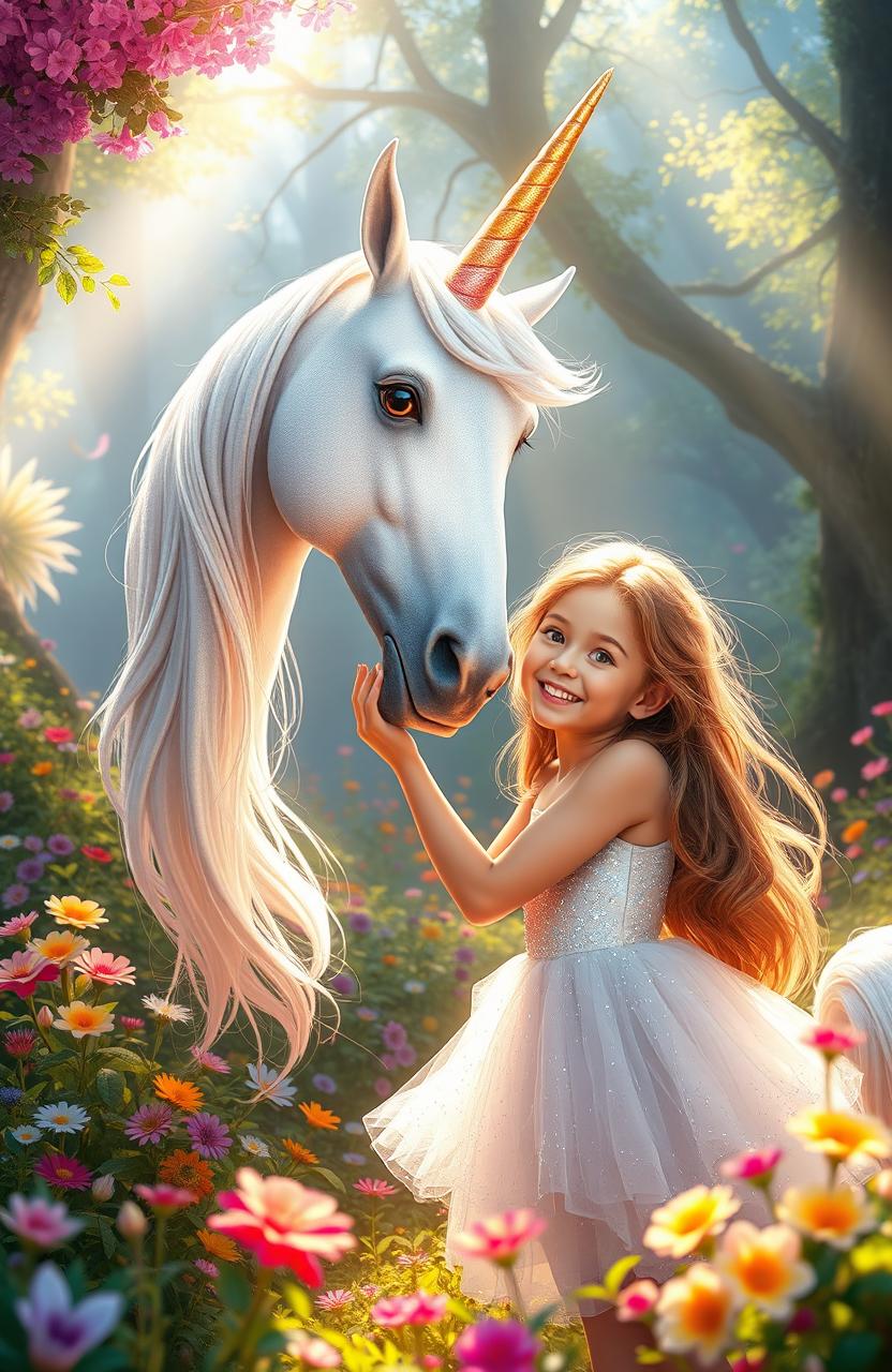 A fantastical scene featuring a young girl named Mia, with long flowing hair and a bright smile, joyfully interacting with a majestic unicorn
