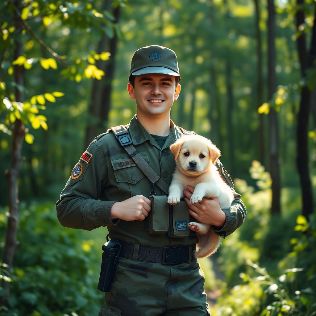 A brave and cute soldier standing confidently in a vibrant, green forest environment