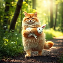 A fluffy, chubby orange cat with a round, kind face and a big belly, standing on its hind legs as it walks along a forest path