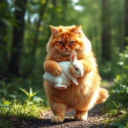 A fluffy, chubby orange cat with a round, kind face and a big belly, standing on its hind legs as it walks along a forest path