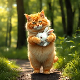 A fluffy, chubby orange cat with a round, kind face and a big belly, standing on its hind legs as it walks along a forest path