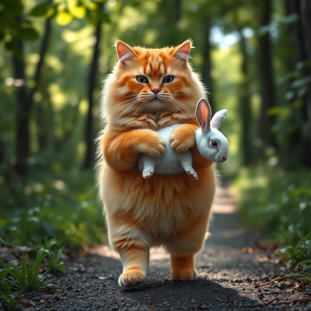 A fluffy, chubby orange cat with a round, kind face and a big belly, standing on its hind legs as it walks along a forest path