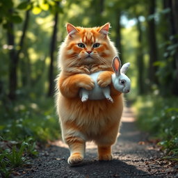 A fluffy, chubby orange cat with a round, kind face and a big belly, standing on its hind legs as it walks along a forest path