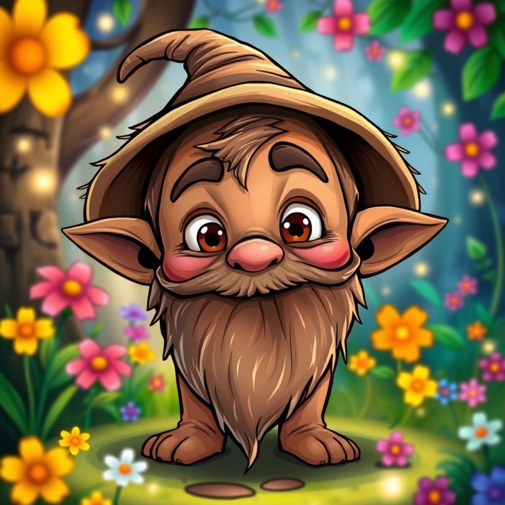 A small, brown-skinned goblin with a big head, wearing a straw hat and a long beard, illustrated in a cartoon style