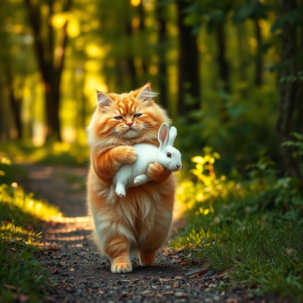 A fluffy orange cat with a round, kind face and a big belly, standing on its hind legs as it walks along a forest path