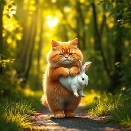A fluffy orange cat with a round, kind face and a big belly, standing on its hind legs as it walks along a forest path